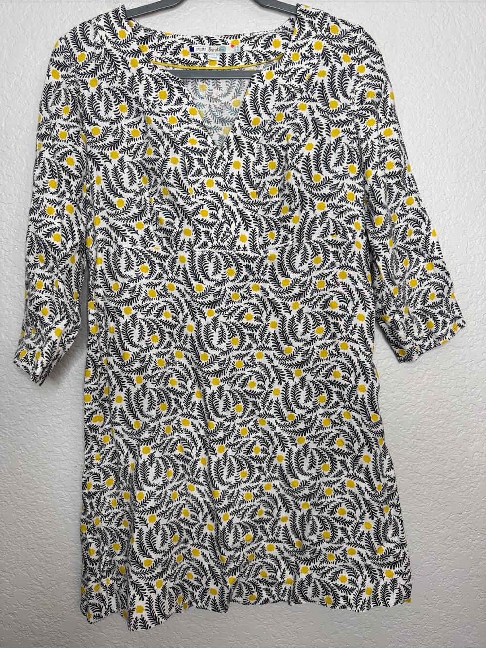 Boden 100% Linen Mini Shift Tunic Dress Size 8 Floral V Neck - Picture 2 of 7